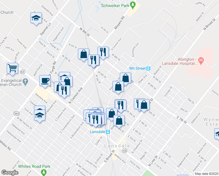 map of restaurants, bars, coffee shops, grocery stores, and more near 301 West 5th Street in Lansdale