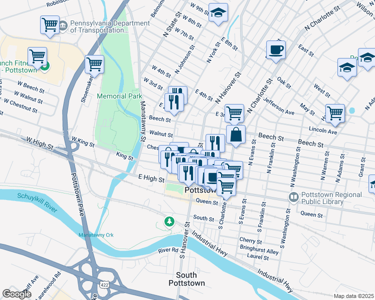 map of restaurants, bars, coffee shops, grocery stores, and more near 137 Chestnut Street in Pottstown