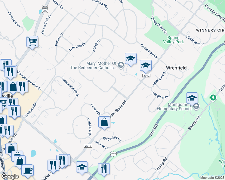 map of restaurants, bars, coffee shops, grocery stores, and more near 102 Fairacres Drive in Lansdale