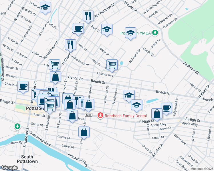 map of restaurants, bars, coffee shops, grocery stores, and more near 564 Beech Street in Pottstown