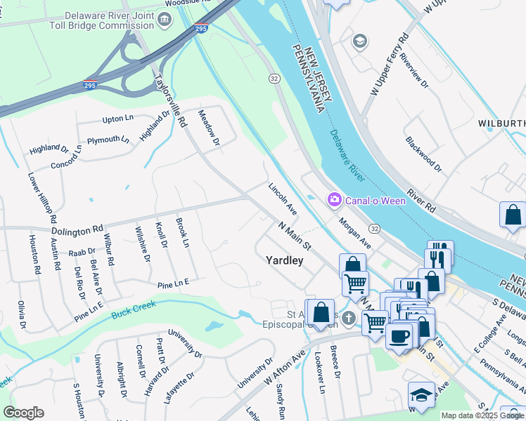 map of restaurants, bars, coffee shops, grocery stores, and more near 171 North Main Street in Yardley