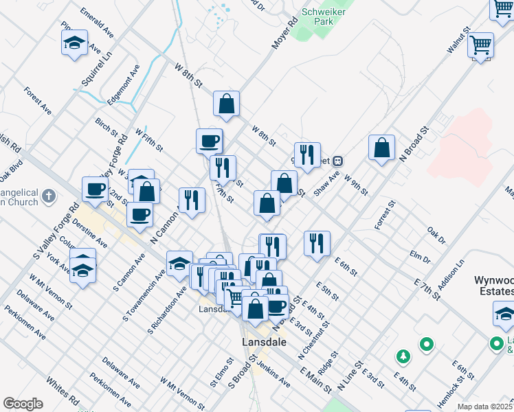 map of restaurants, bars, coffee shops, grocery stores, and more near 515 Kenilworth Avenue in Lansdale