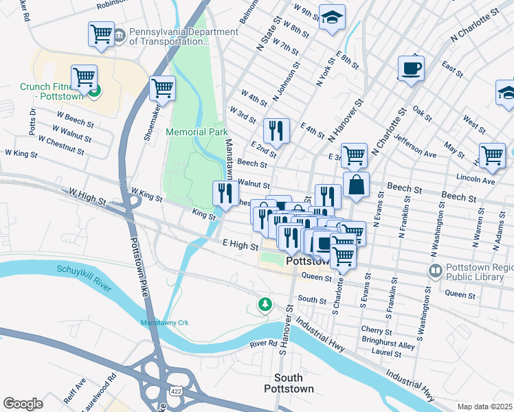 map of restaurants, bars, coffee shops, grocery stores, and more near 52 Chestnut Street in Pottstown