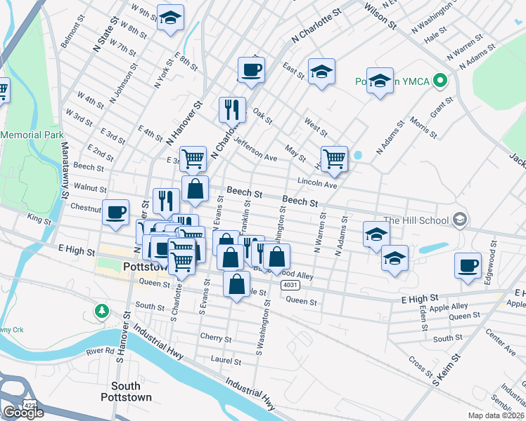 map of restaurants, bars, coffee shops, grocery stores, and more near 427 Walnut Street in Pottstown
