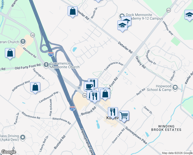 map of restaurants, bars, coffee shops, grocery stores, and more near 1003 Towamencin Avenue in Lansdale