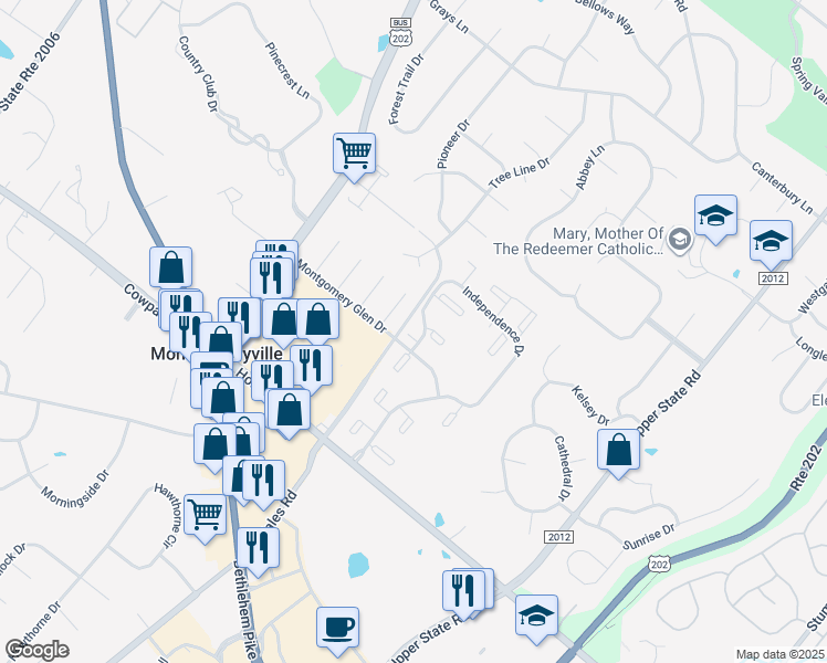 map of restaurants, bars, coffee shops, grocery stores, and more near 209 Stockton Court in North Wales