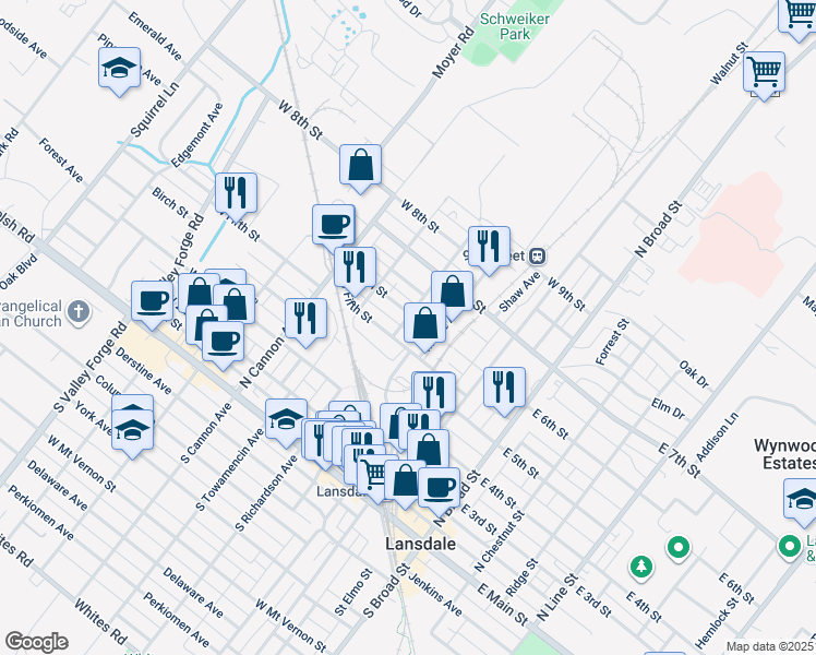 map of restaurants, bars, coffee shops, grocery stores, and more near 515 Kenilworth Avenue in Lansdale