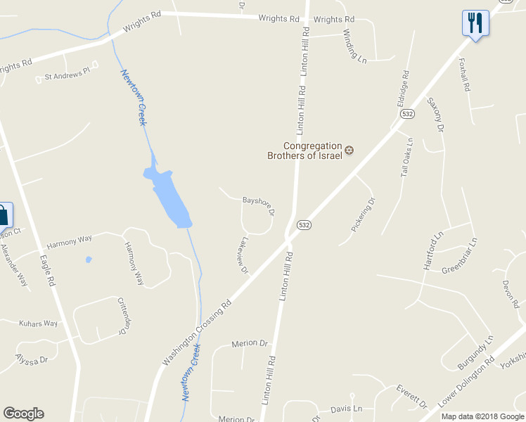 map of restaurants, bars, coffee shops, grocery stores, and more near 23 Bayshore Drive in Newtown