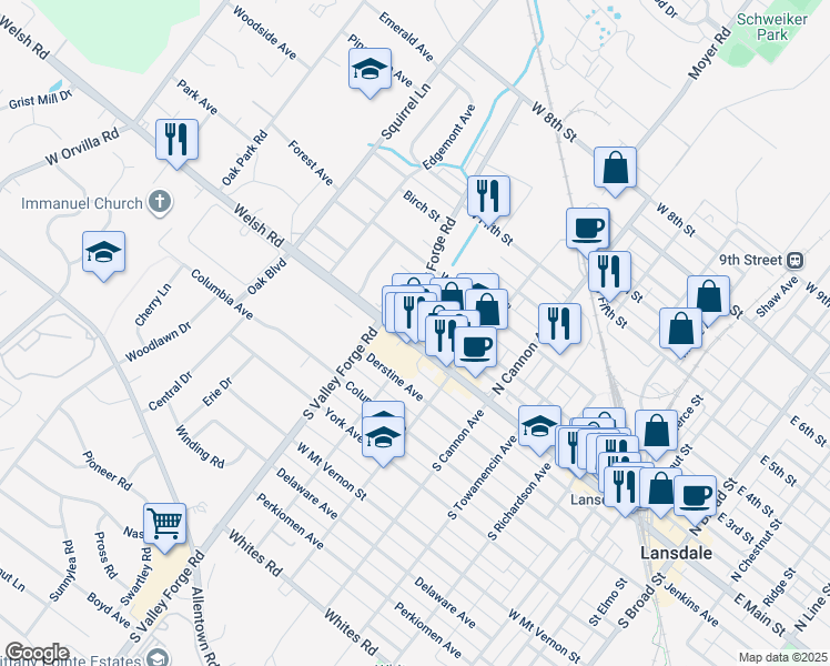 map of restaurants, bars, coffee shops, grocery stores, and more near 837 West Main Street in Lansdale