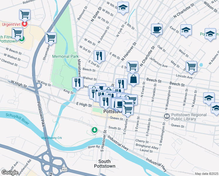 map of restaurants, bars, coffee shops, grocery stores, and more near 137 Chestnut Street in Pottstown