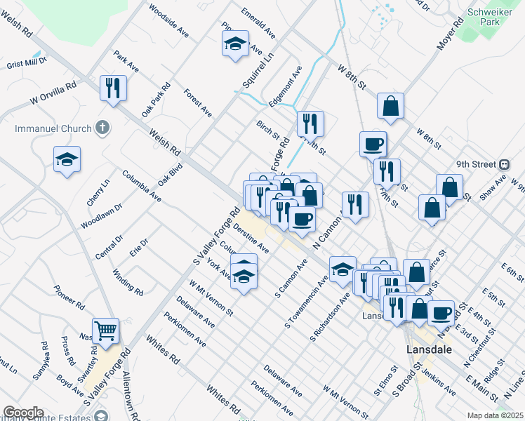 map of restaurants, bars, coffee shops, grocery stores, and more near 837 West Main Street in Lansdale