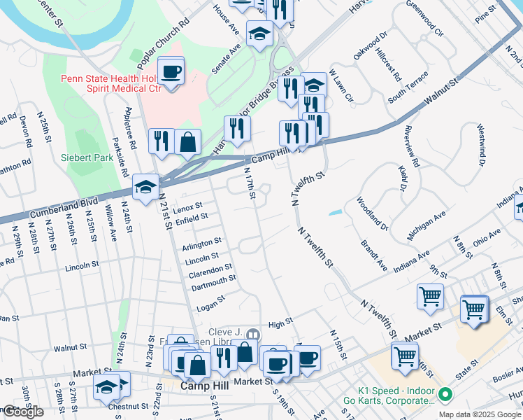 map of restaurants, bars, coffee shops, grocery stores, and more near 104 Ashford Way in Camp Hill