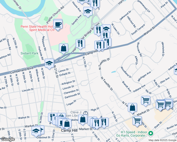 map of restaurants, bars, coffee shops, grocery stores, and more near 104 Ashford Way in Camp Hill