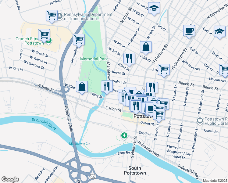 map of restaurants, bars, coffee shops, grocery stores, and more near 26 Chestnut Street in Pottstown