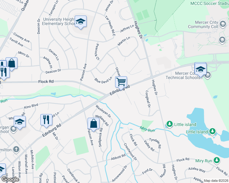 map of restaurants, bars, coffee shops, grocery stores, and more near Edinburg Road in Trenton