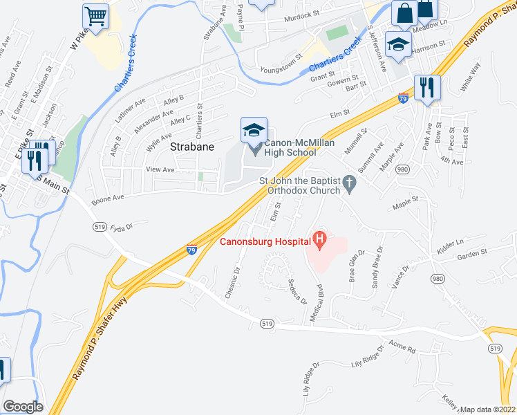 map of restaurants, bars, coffee shops, grocery stores, and more near 535 Chesnic Drive in Canonsburg