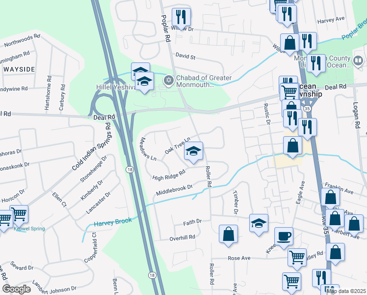map of restaurants, bars, coffee shops, grocery stores, and more near 9 Oak Tree Lane in Monmouth County