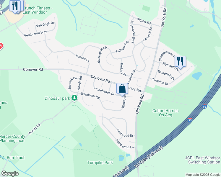 map of restaurants, bars, coffee shops, grocery stores, and more near 6 Durham Way in East Windsor