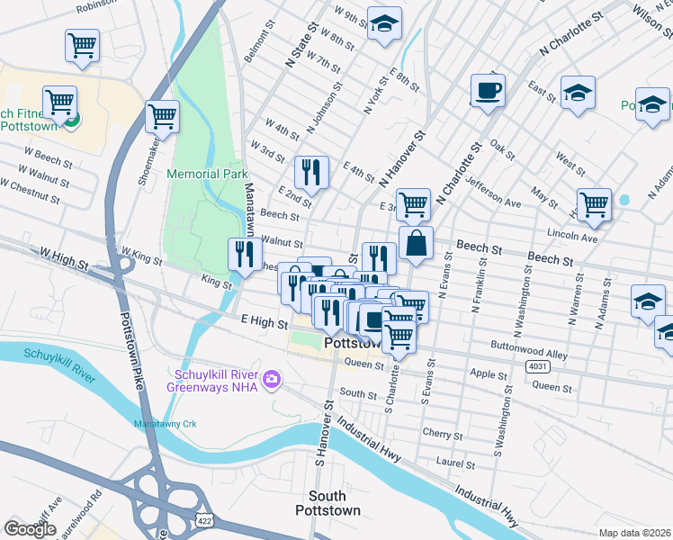 map of restaurants, bars, coffee shops, grocery stores, and more near 137 Chestnut Street in Pottstown