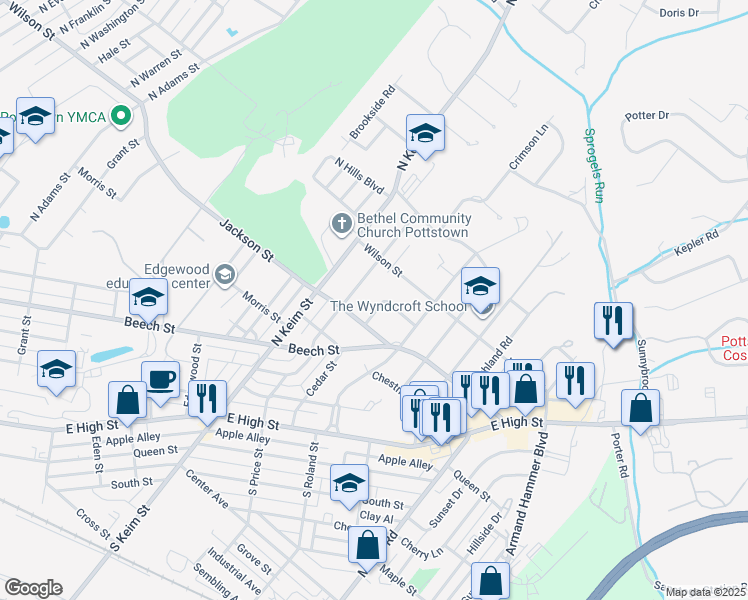 map of restaurants, bars, coffee shops, grocery stores, and more near 319 Cedar Street in Pottstown