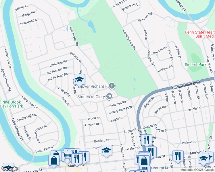 map of restaurants, bars, coffee shops, grocery stores, and more near 10 Golf View Road in Camp Hill