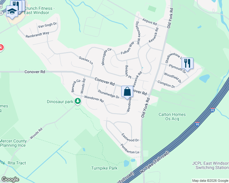 map of restaurants, bars, coffee shops, grocery stores, and more near 6 Durham Way in East Windsor