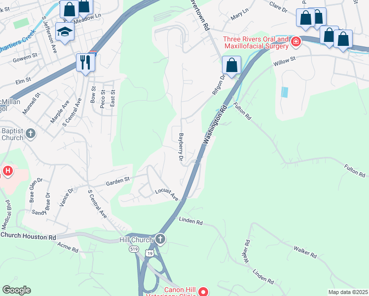 map of restaurants, bars, coffee shops, grocery stores, and more near 1062 Bayberry Drive in Canonsburg