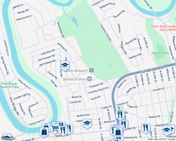 map of restaurants, bars, coffee shops, grocery stores, and more near 2 Golfview Road in Camp Hill