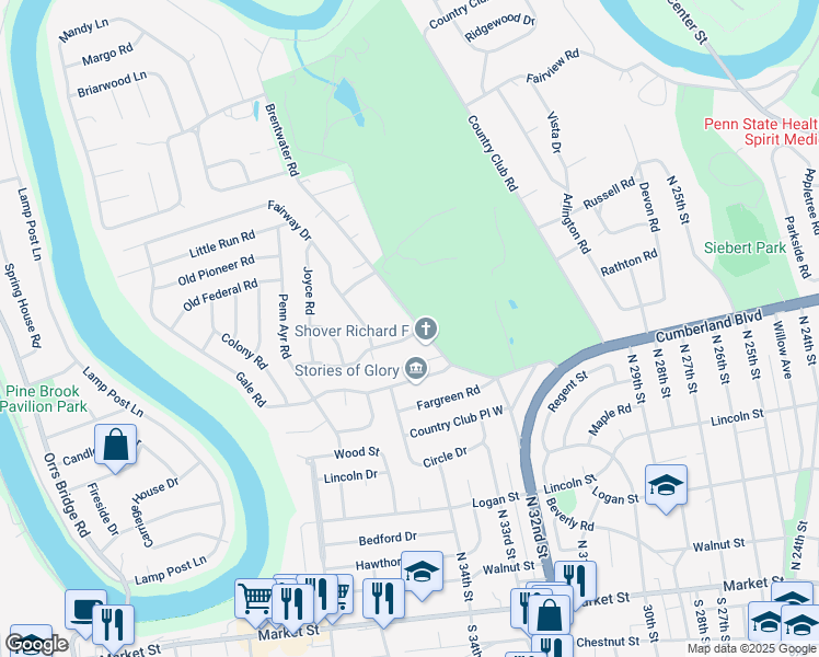 map of restaurants, bars, coffee shops, grocery stores, and more near 2 Golfview Road in Camp Hill