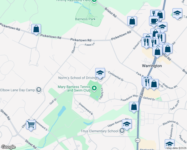 map of restaurants, bars, coffee shops, grocery stores, and more near 2577 Pierce Court in Warrington