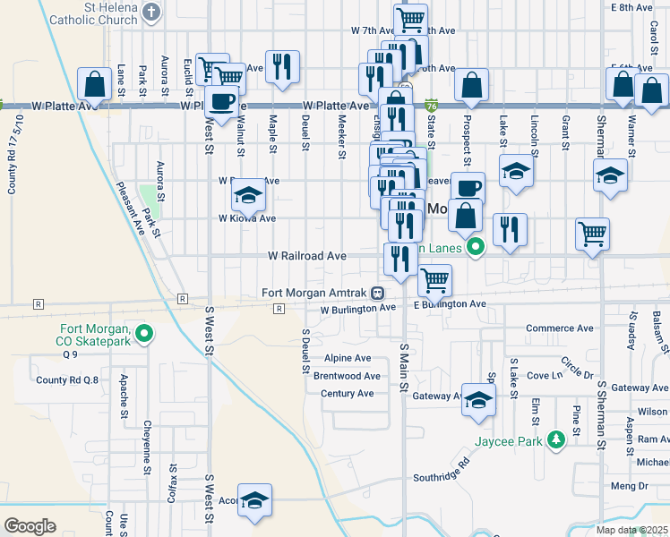 map of restaurants, bars, coffee shops, grocery stores, and more near 133 Meeker Street in Fort Morgan