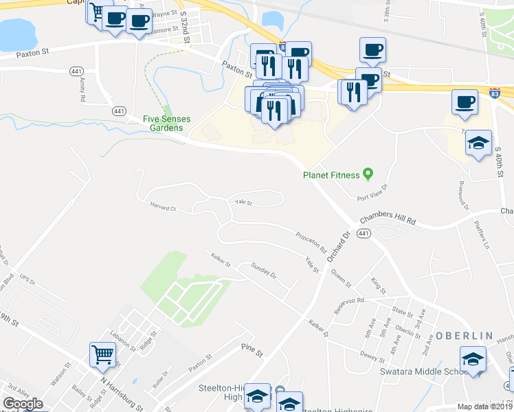 map of restaurants, bars, coffee shops, grocery stores, and more near 1702 Yale Street in Harrisburg