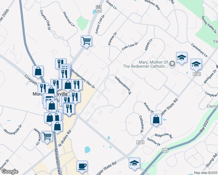 map of restaurants, bars, coffee shops, grocery stores, and more near 207 Stockton Court in North Wales