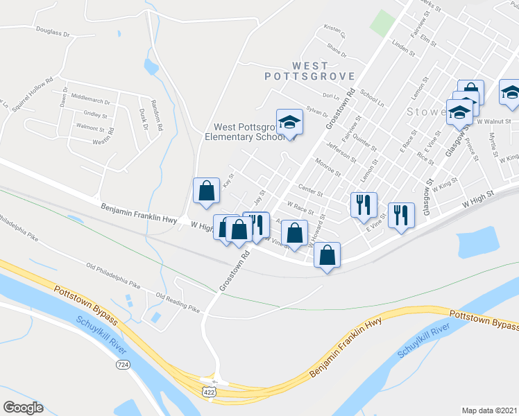 map of restaurants, bars, coffee shops, grocery stores, and more near 136 Jay Street in Pottstown