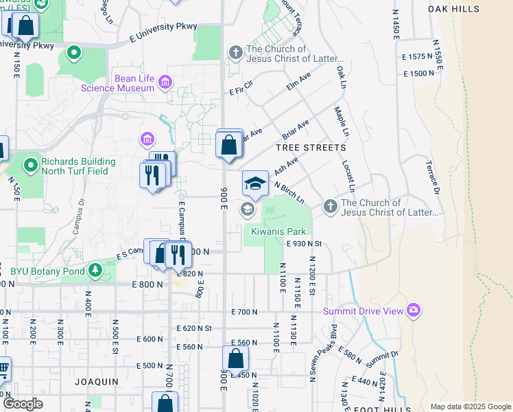 map of restaurants, bars, coffee shops, grocery stores, and more near 1080 900 East in Provo