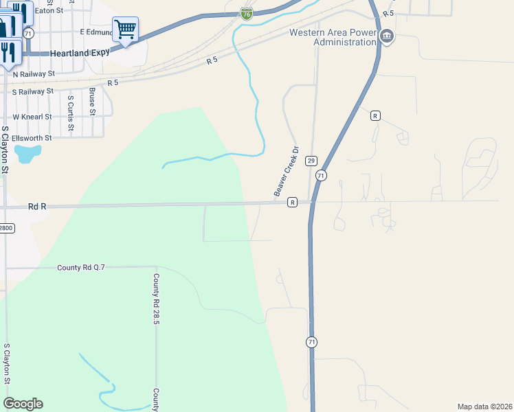 map of restaurants, bars, coffee shops, grocery stores, and more near 28840 County Road R in Brush