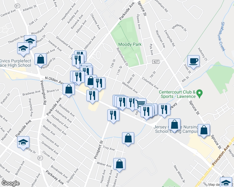map of restaurants, bars, coffee shops, grocery stores, and more near 1561 Prospect Street in Ewing Township