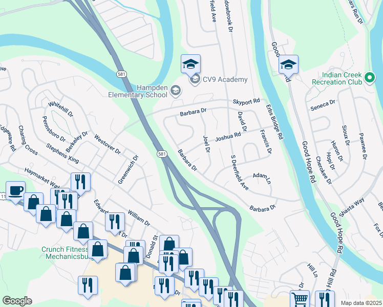 map of restaurants, bars, coffee shops, grocery stores, and more near 5460 Joshua Road in Mechanicsburg