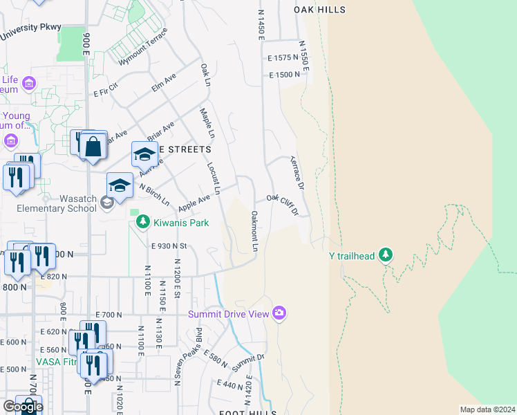 map of restaurants, bars, coffee shops, grocery stores, and more near 1060 Oakmont Lane in Provo