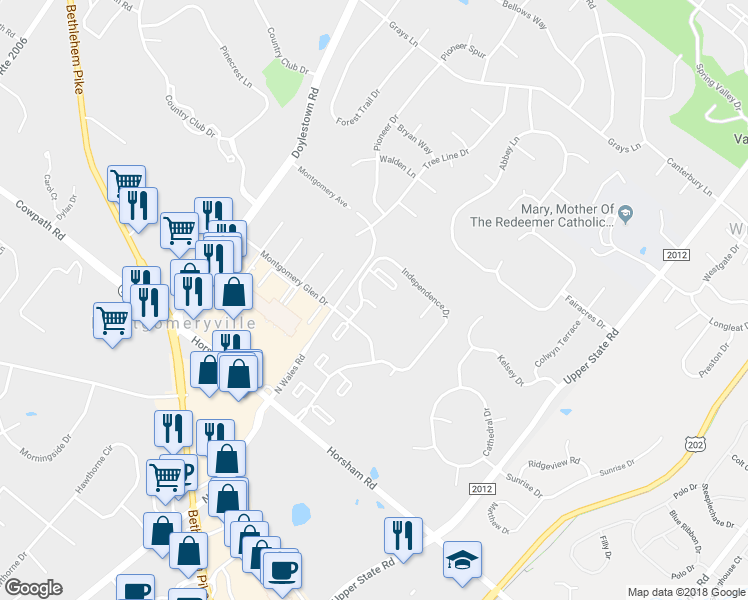 map of restaurants, bars, coffee shops, grocery stores, and more near 205 Stockton Court in North Wales