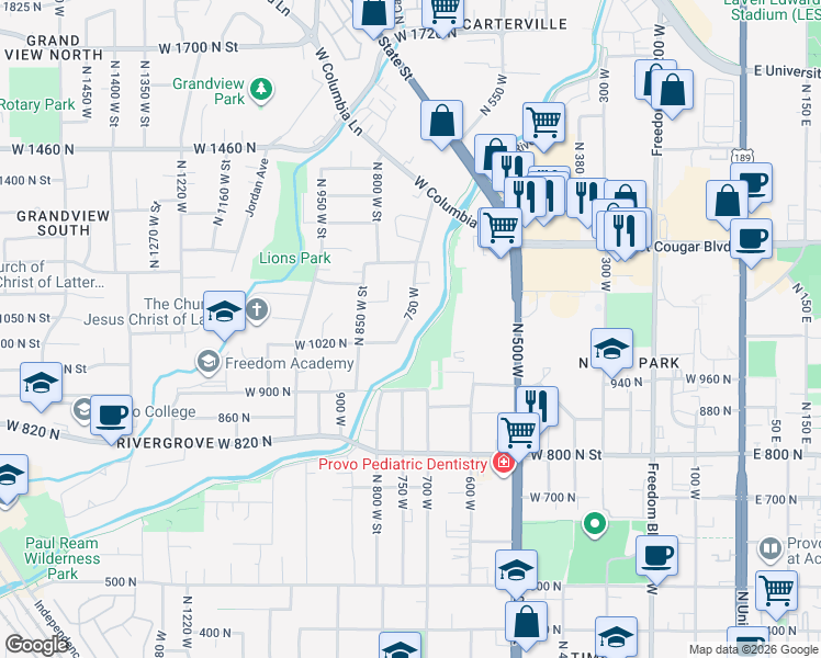 map of restaurants, bars, coffee shops, grocery stores, and more near 1043 750 West in Provo