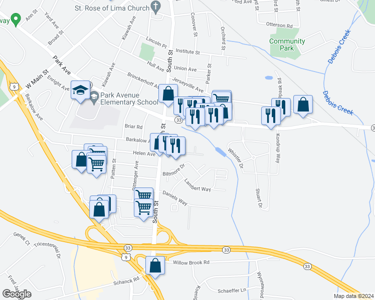 map of restaurants, bars, coffee shops, grocery stores, and more near 500 Park Avenue in Freehold