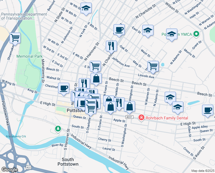 map of restaurants, bars, coffee shops, grocery stores, and more near 350 Walnut Street in Pottstown