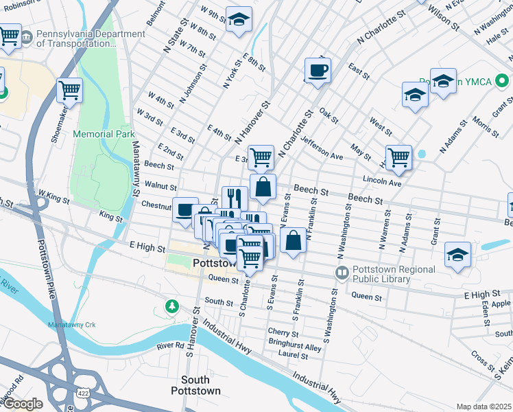 map of restaurants, bars, coffee shops, grocery stores, and more near 312 Walnut Street in Pottstown