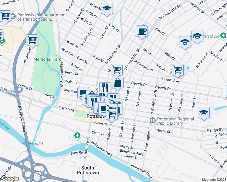map of restaurants, bars, coffee shops, grocery stores, and more near 250 Rowan Alley in Pottstown