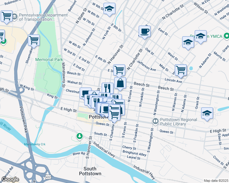 map of restaurants, bars, coffee shops, grocery stores, and more near 250 Rowan Alley in Pottstown