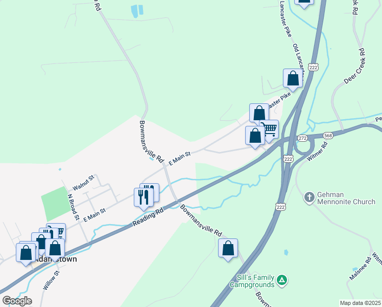 map of restaurants, bars, coffee shops, grocery stores, and more near 281 East Main Street in Adamstown