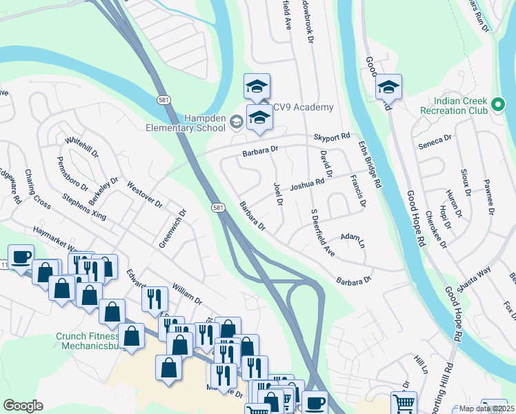 map of restaurants, bars, coffee shops, grocery stores, and more near 5460 Joshua Road in Mechanicsburg