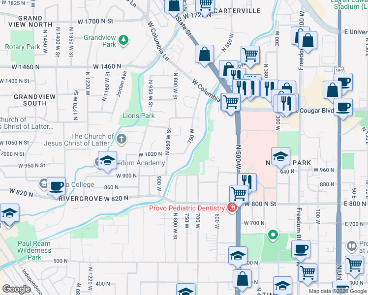 map of restaurants, bars, coffee shops, grocery stores, and more near 1043 750 West in Provo