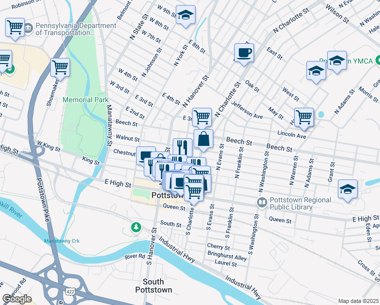 map of restaurants, bars, coffee shops, grocery stores, and more near 250 Rowan Alley in Pottstown